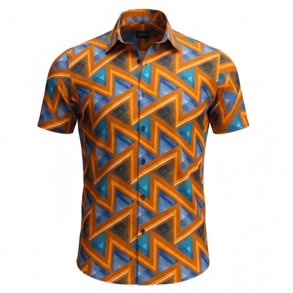 Da Viva Button Down Shirt Mens XL Orange Blue Geometric Zig Zag Short Sleeve